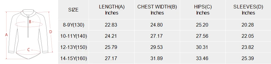 Big Girls' Long Sleeve One-Piece Swimsuit (Model S61) size chart