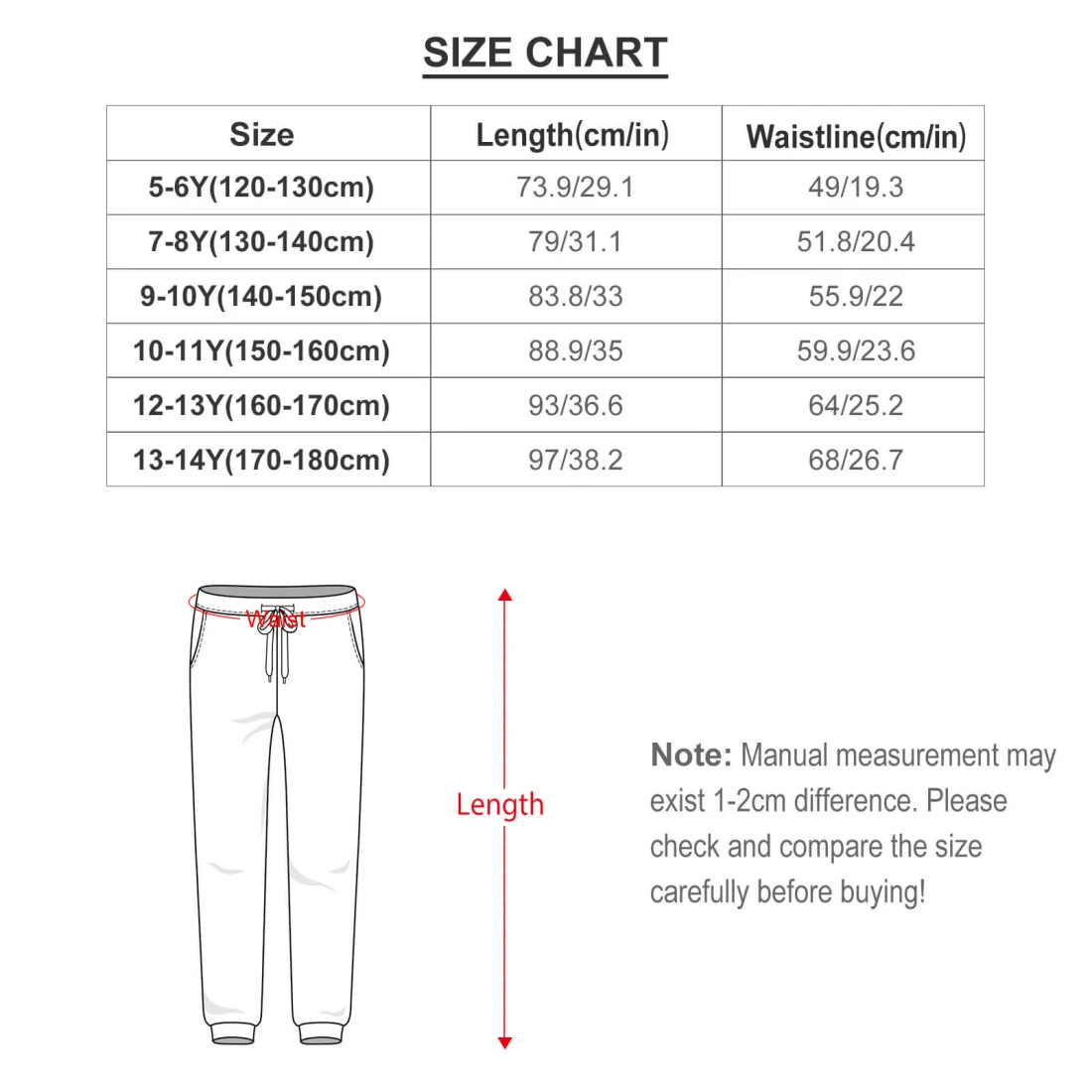 Youth Pants size chart