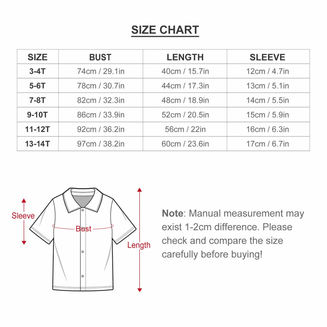Children's Casual Beach Set size chart