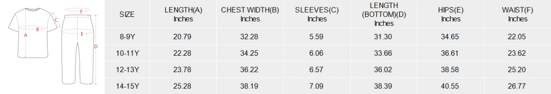 Big Boys' Crew Neck Pajama Set (Model Sets 31) size chart
