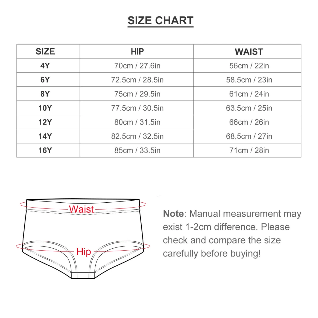 Girls' Underwear size chart