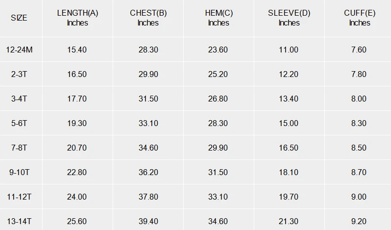 Children's Long-Sleeve Half-Zip Double-Pocket Sweatshirt size chart
