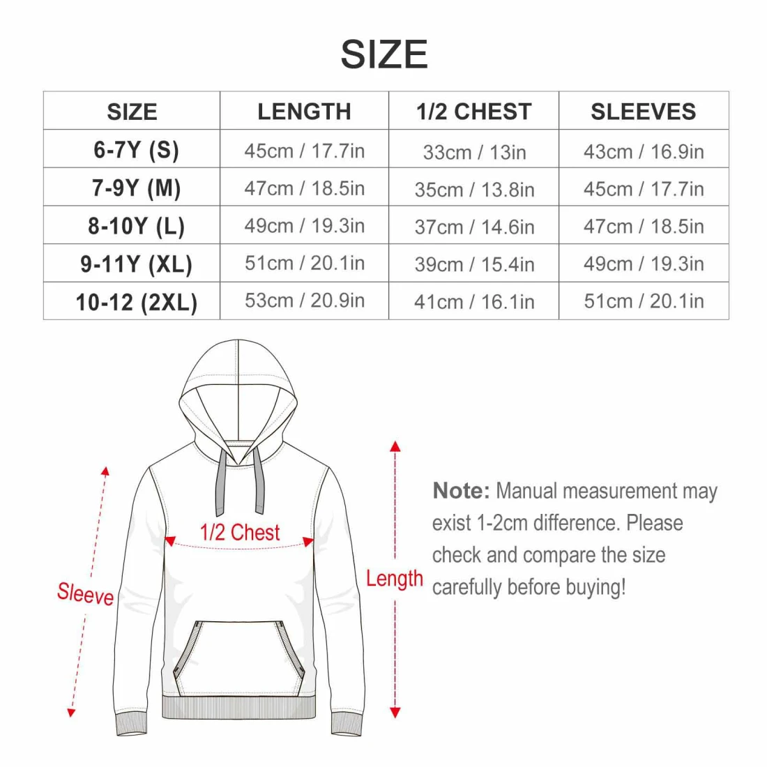 Hoodie For Kids（Multichip Design) size chart