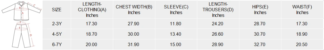 Little Boys' V-Neck Long Sleeve Pajama Set(Model Sets 02) size chart
