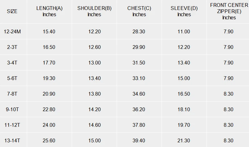 Children's Stand Collar Long-Sleeve Half-Zip Sweatshirt size chart