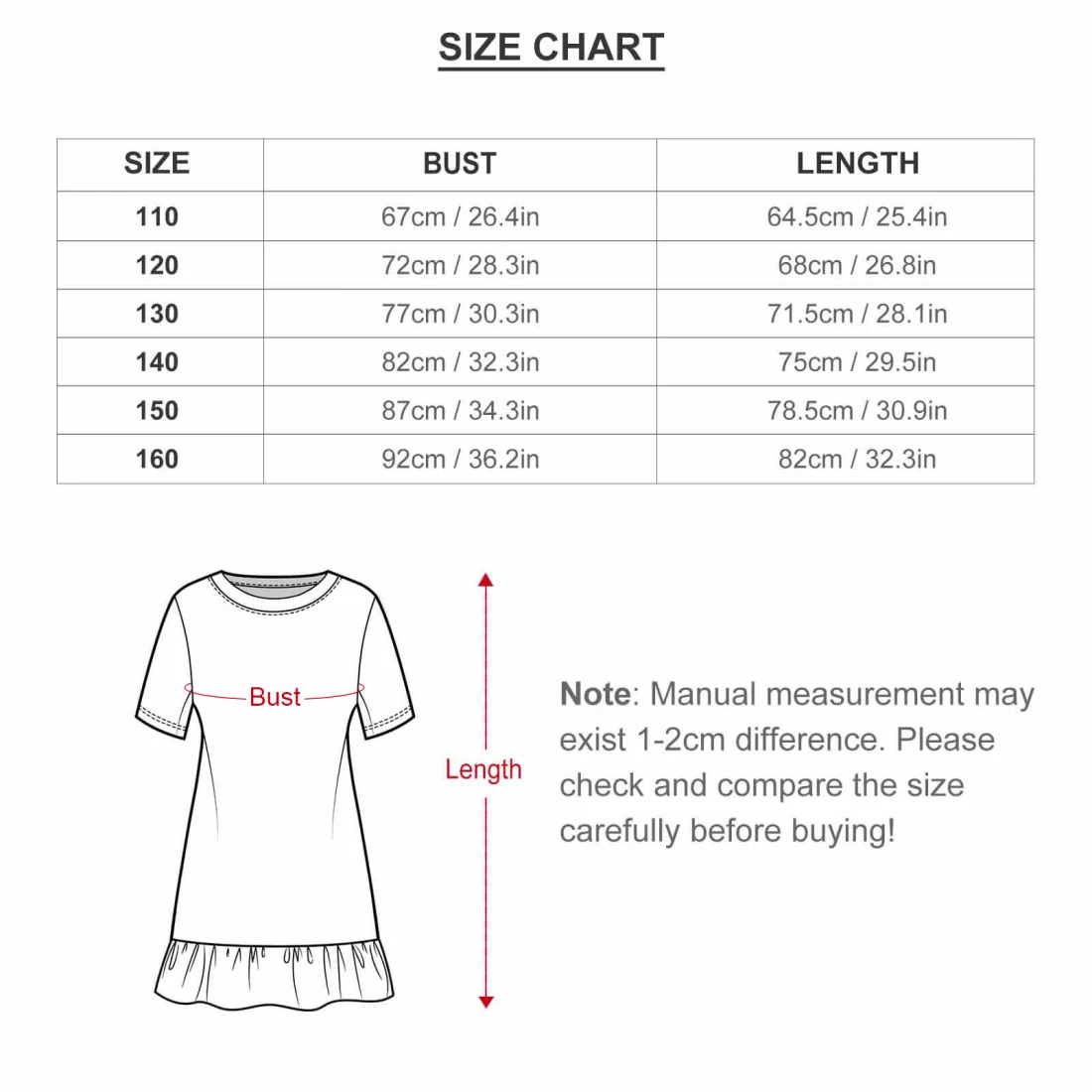 Children's Short Sleeve Dress size chart