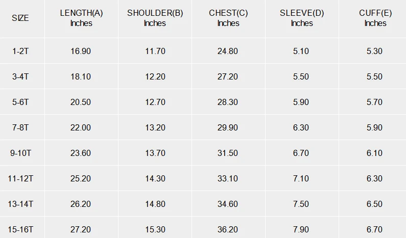 Kid's Short Sleeve Shirt with Buttons size chart