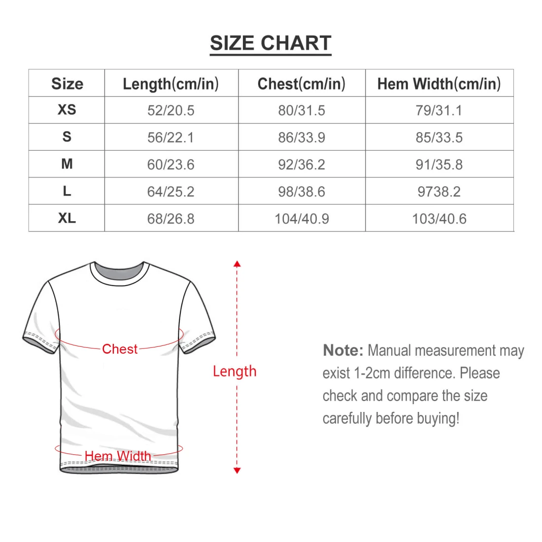 All Over Print Teen's T-shirt Set size chart