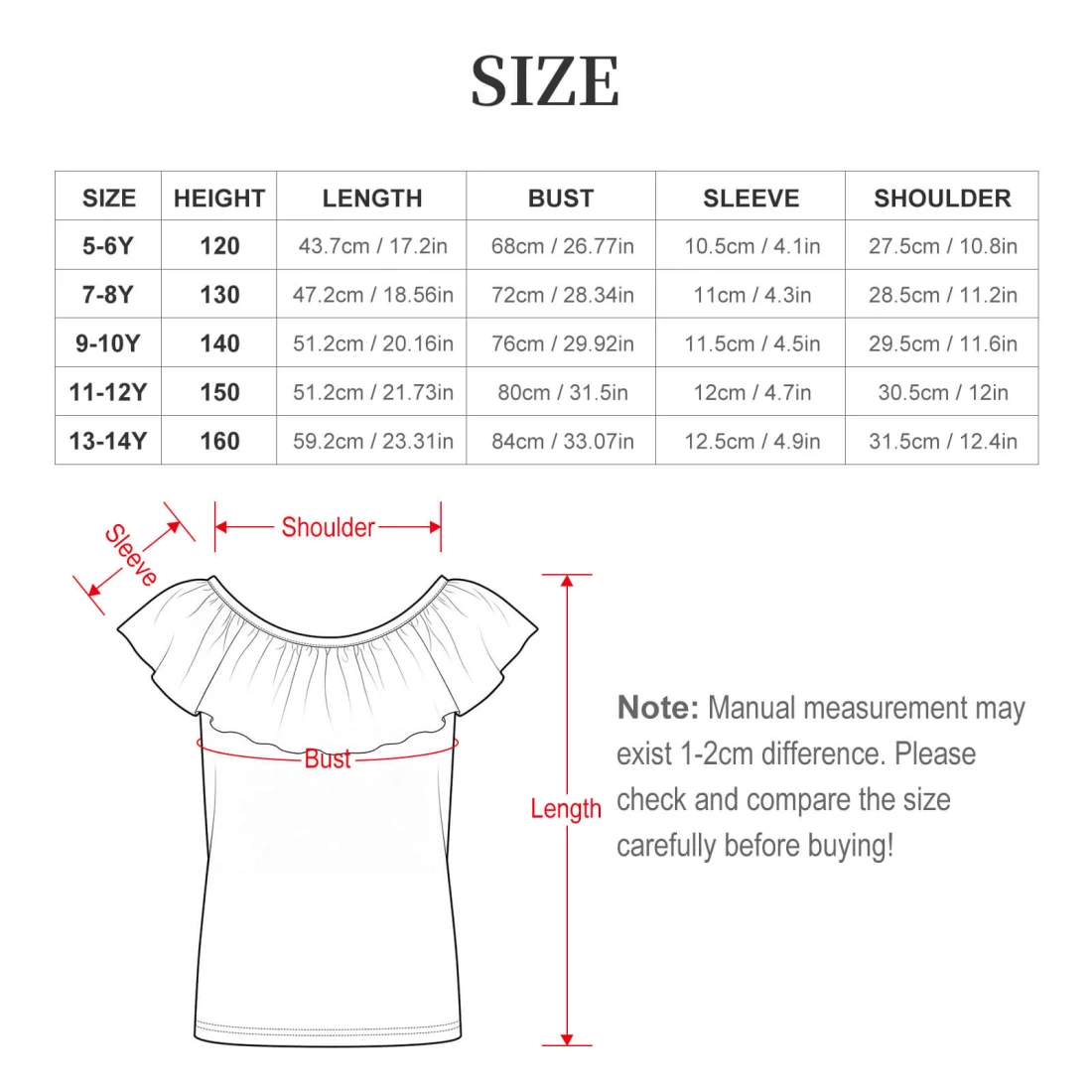 Girls' Ruffle Neck Sleeveless Blouse size chart