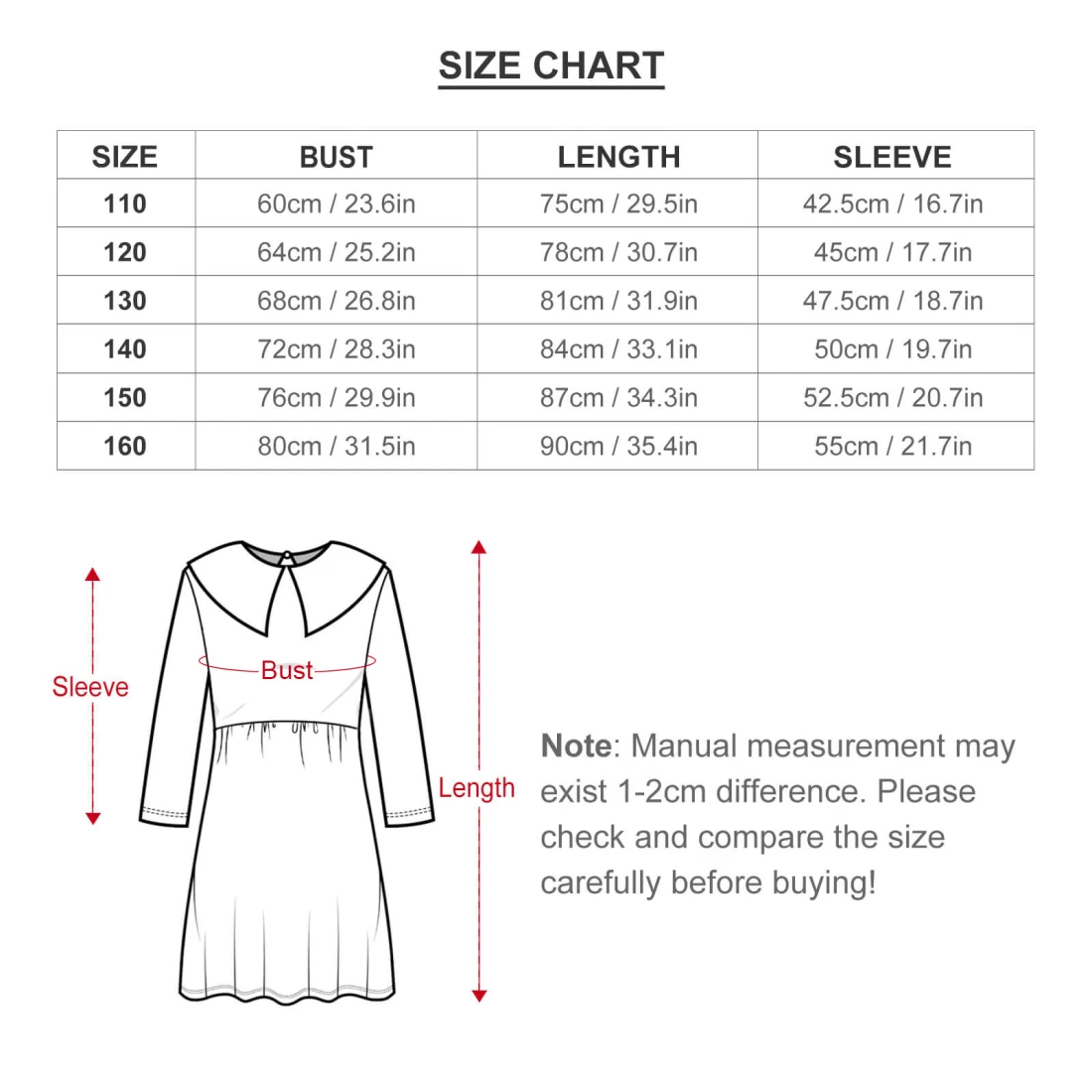 Children's Long Sleeve Dress size chart
