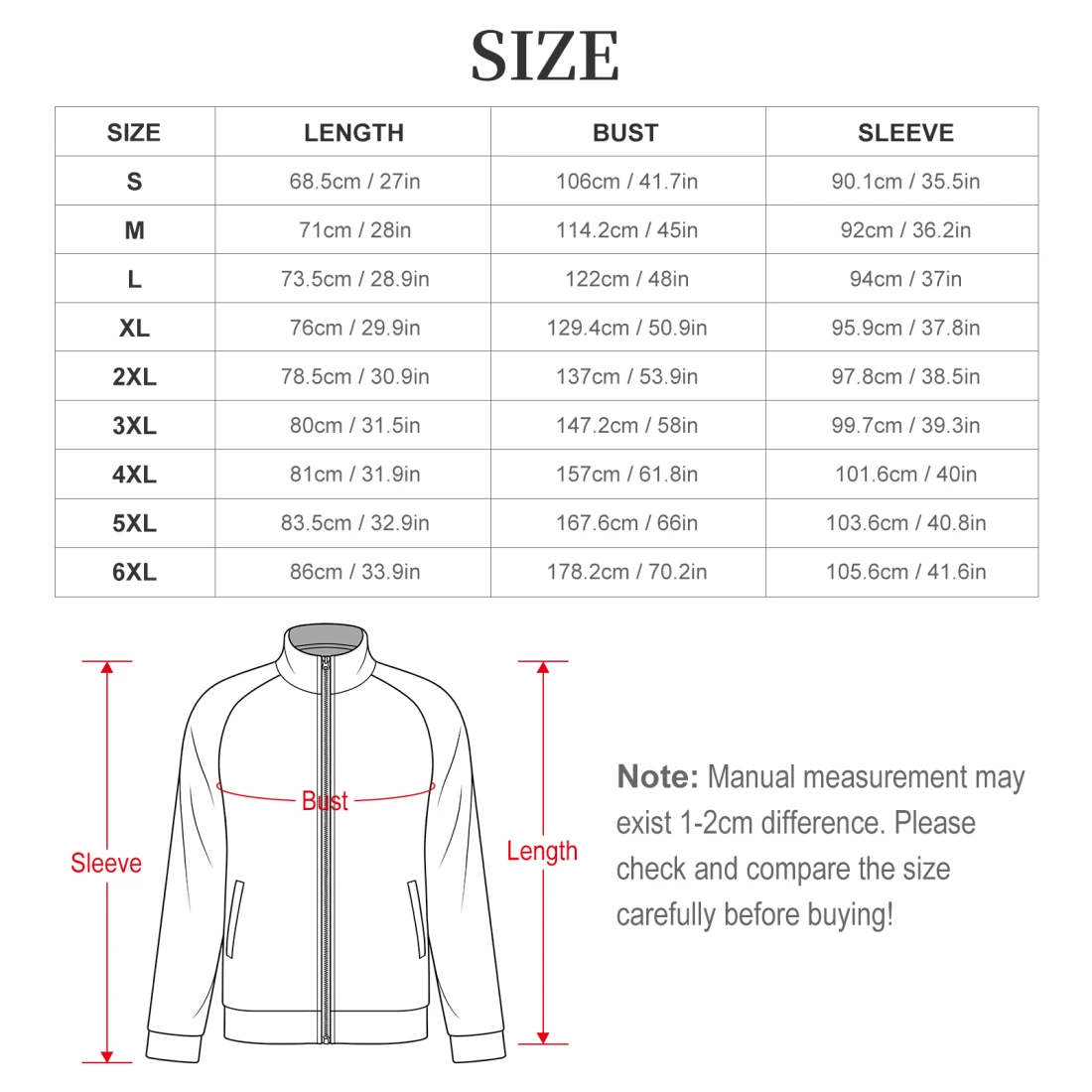 Men's Full‑Zip Fleece Jacket size chart