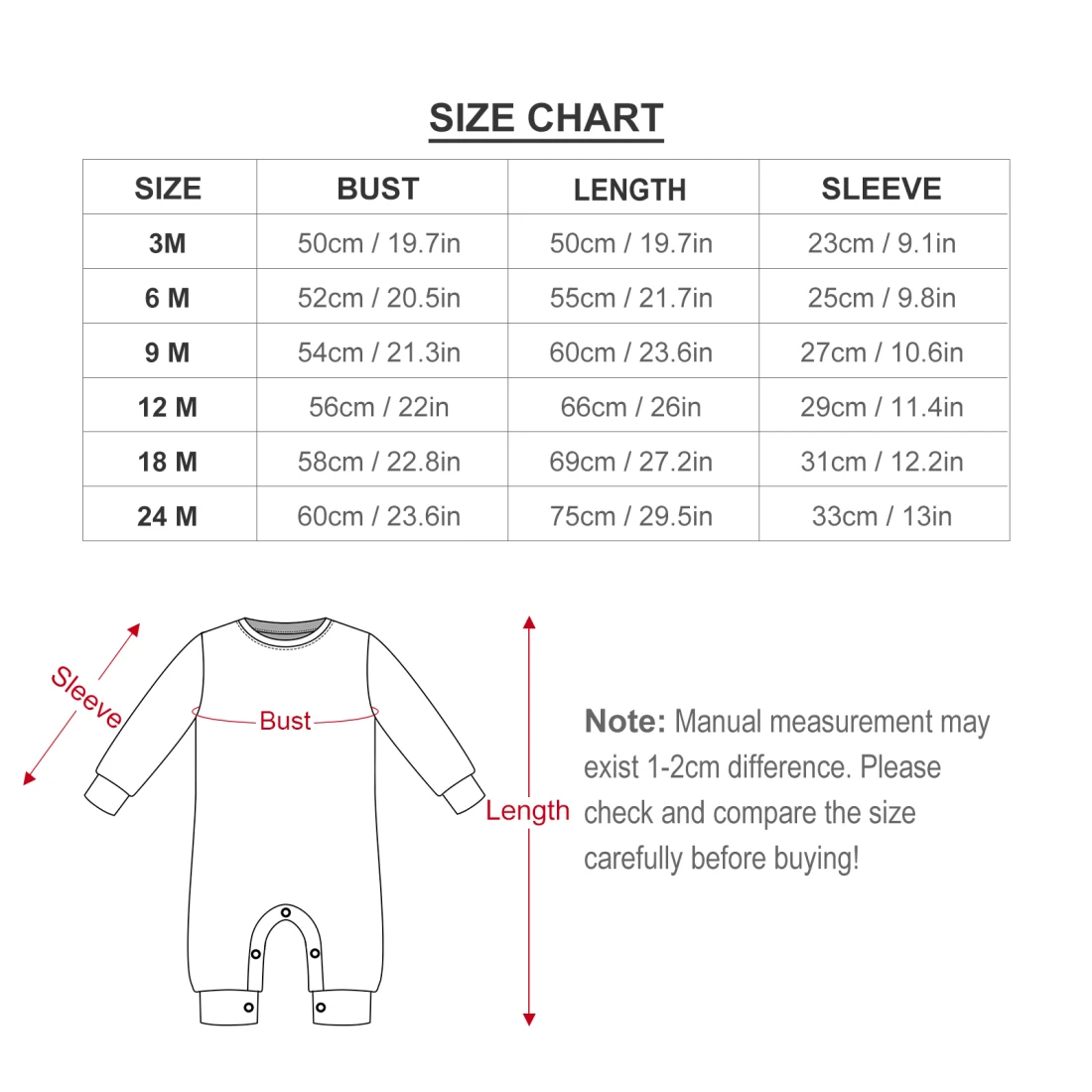 Long Sleeve Baby Romper size chart