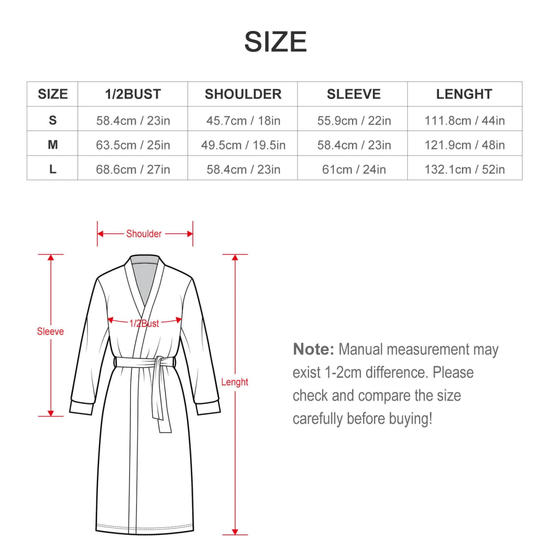 Flannel Adult Lounge Robe size chart