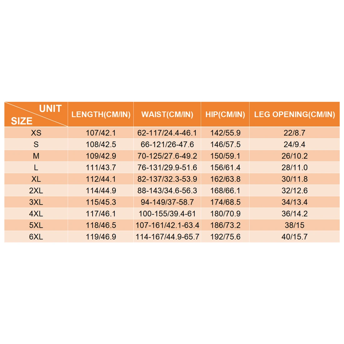 Custom Men's Balloon Pants size chart