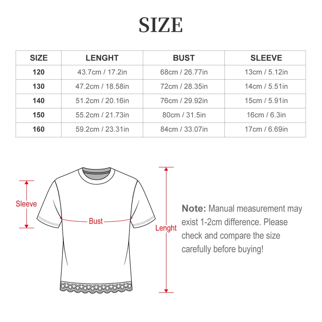 Children's Lace-Hem Short Sleeve T-Shirt size chart