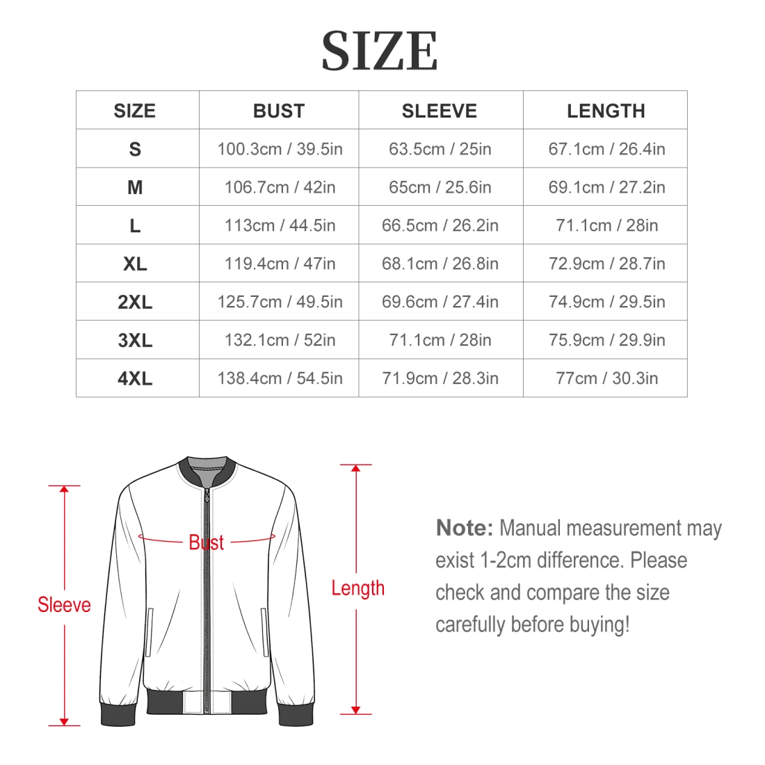 Men's Casual Zip‑Up Bomber Jacket size chart