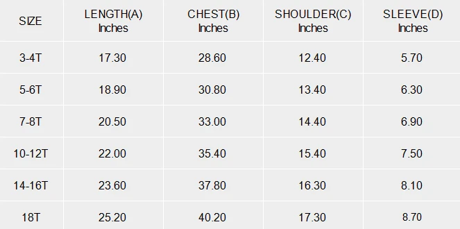 Kids Hoodie With Pocket size chart
