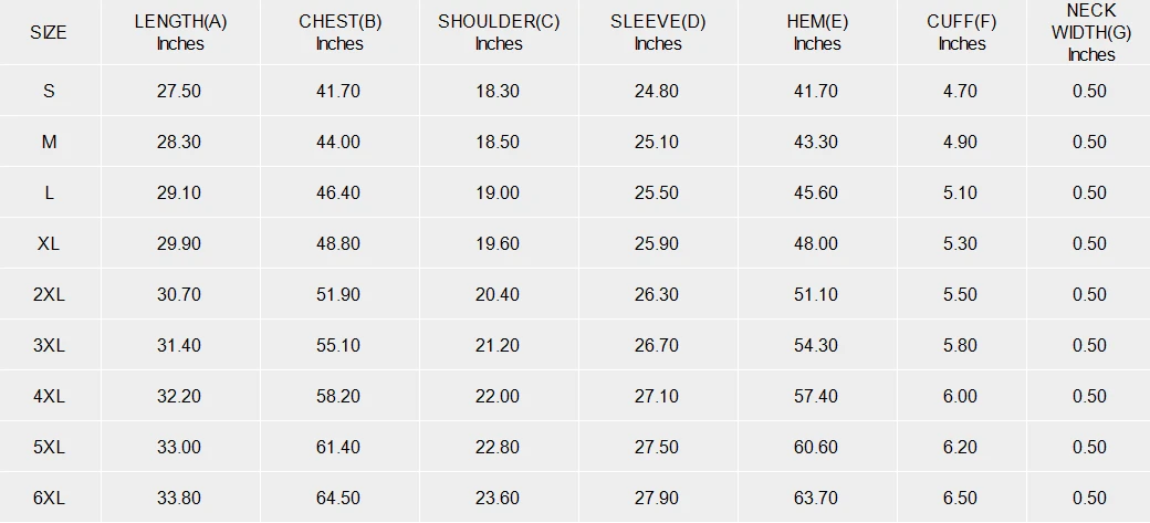 Men's Long-Sleeve T-Shirt with Front Drawstring size chart
