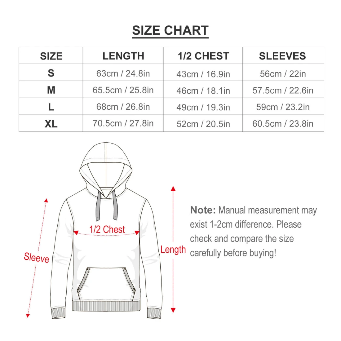 All Over Print Children's Hoodie size chart