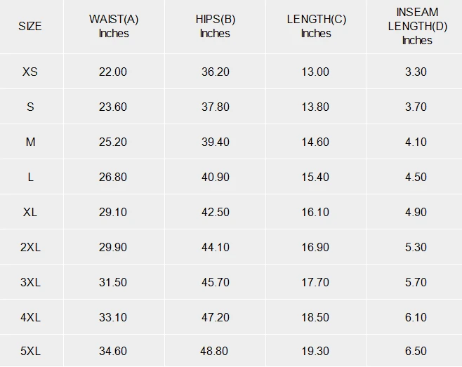Men's Drawstring Beach Shorts with Side Pockets size chart