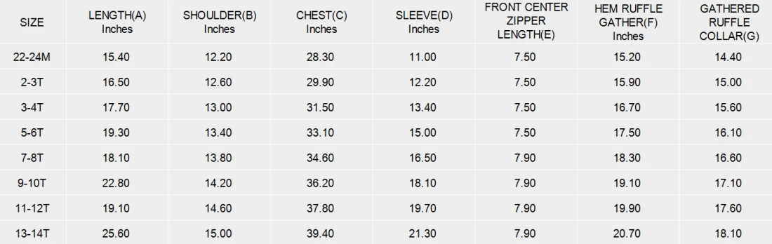 Girls' Half-Zip Long-Sleeve Sweatshirt with Ruffle Hem size chart