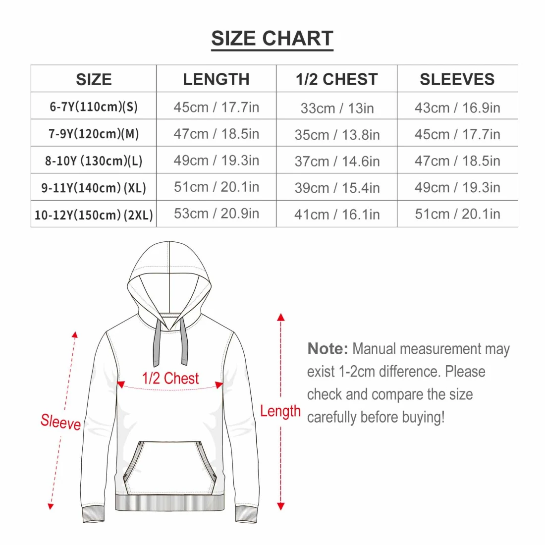 Kid's Fleece Hoodie size chart