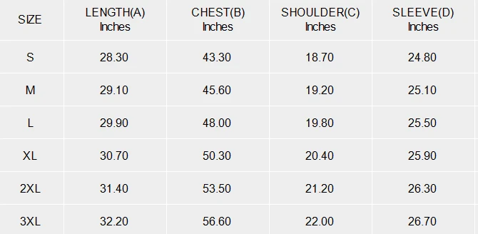 Men's Long-Sleeve Drawstring Shirt size chart
