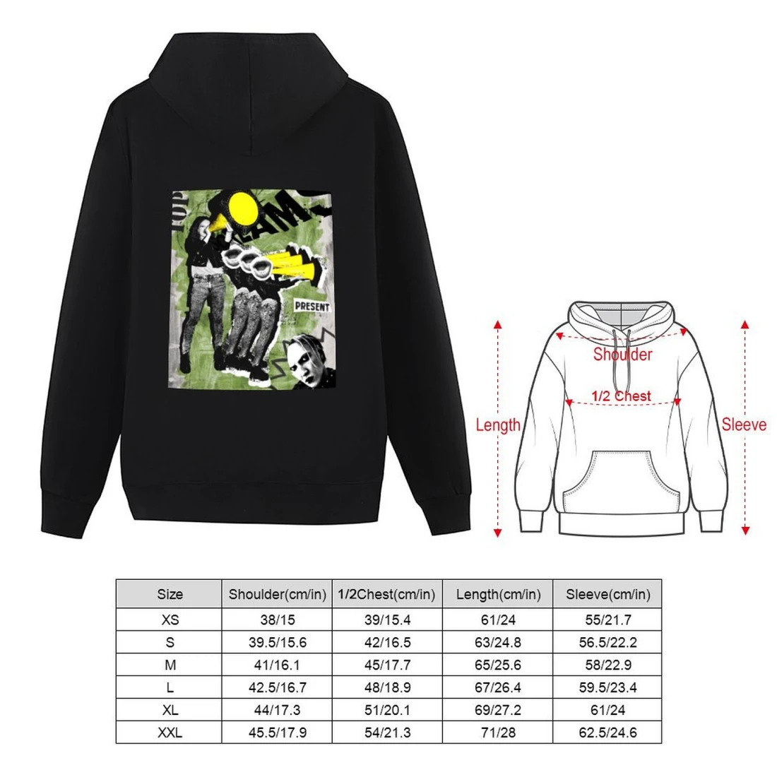 Custom Teen's Hoodie(With Pocket/Back Printing) size chart
