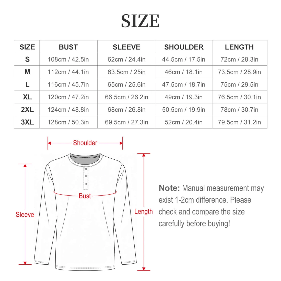 Men's Long Sleeve Henley Collar Pajama Set size chart