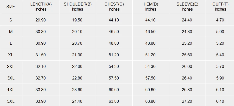 Mandarin Collar Multi-Button Long Sleeve Shirt size chart