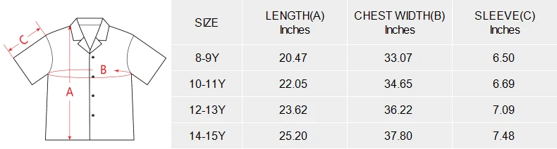 Big Boys' Hawaiian Shirt (Model T58) size chart