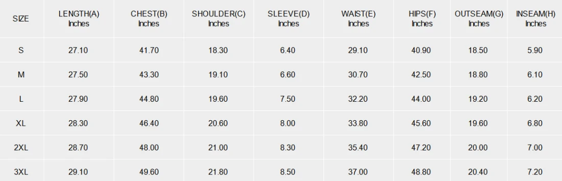 Men's Short Sleeve Crew Neck Pajama Set size chart