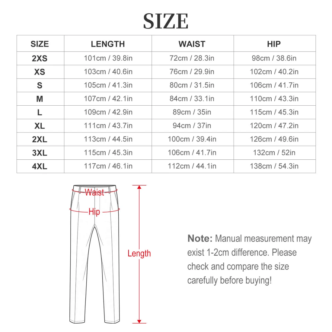 All Over Print Men's Dress Pants size chart