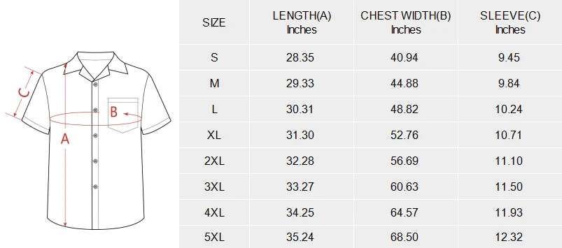 Men's Curved Hem Hawaiian Shirt (Model T87) size chart