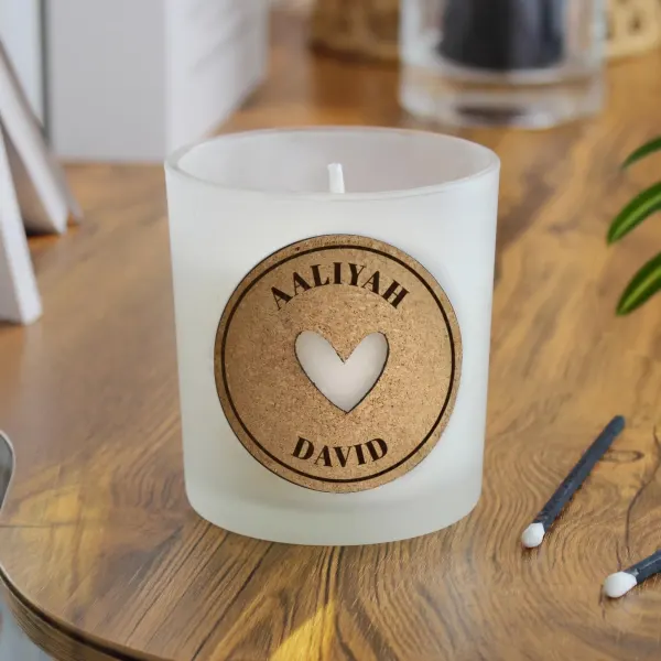 Personalised Heart Cork Label Candle, Custom Engraved Soy Wax Gift, Romantic Couples Keepsake Decor