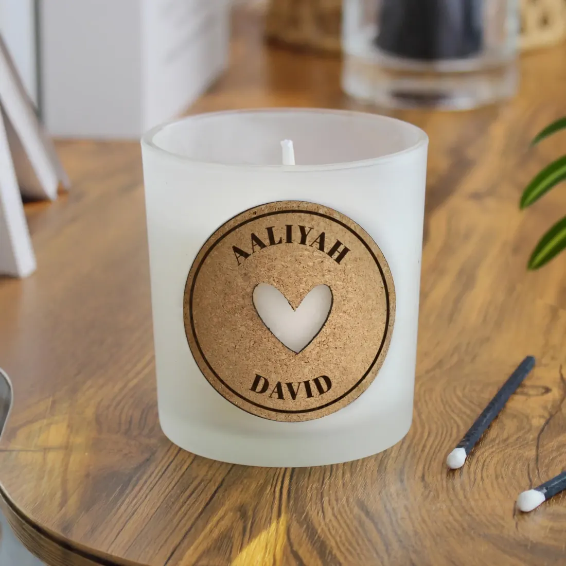Personalised Heart Cork Label Candle, Custom Engraved Soy Wax Gift, Romantic Couples Keepsake Decor