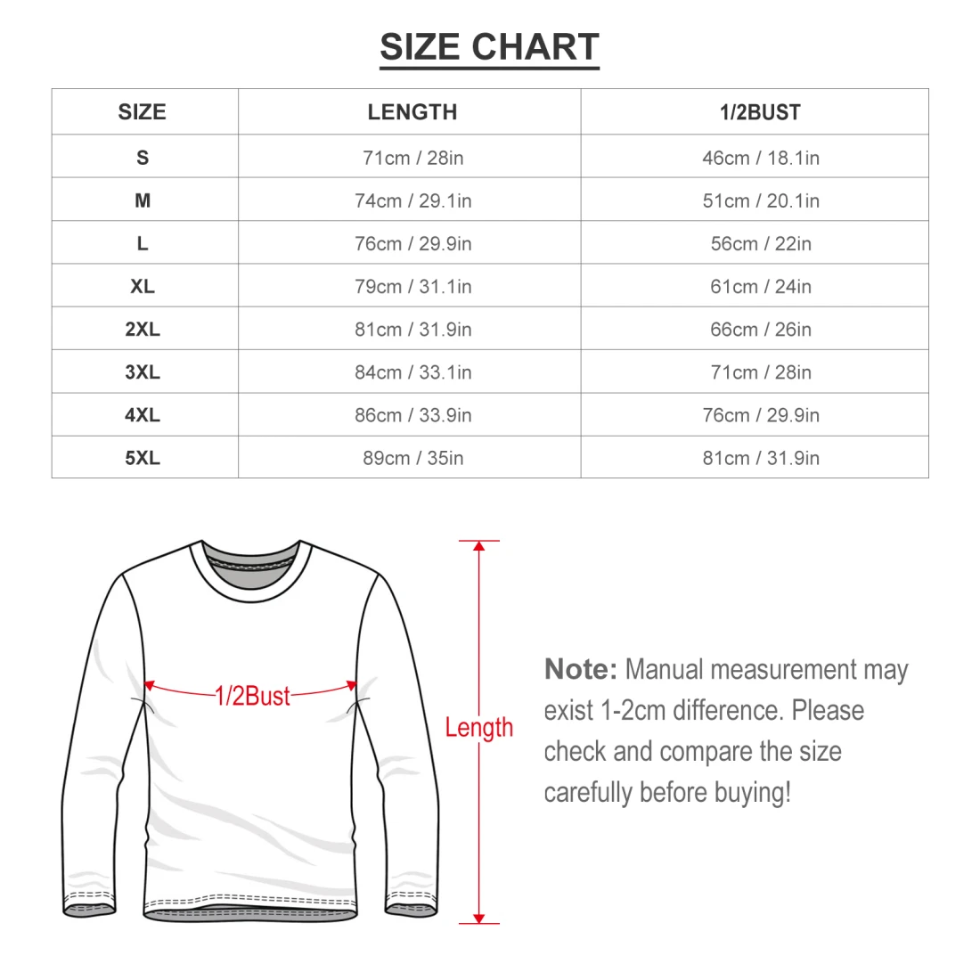 Cotton Long Sleeve T-Shirt (Front&Back Printing) size chart