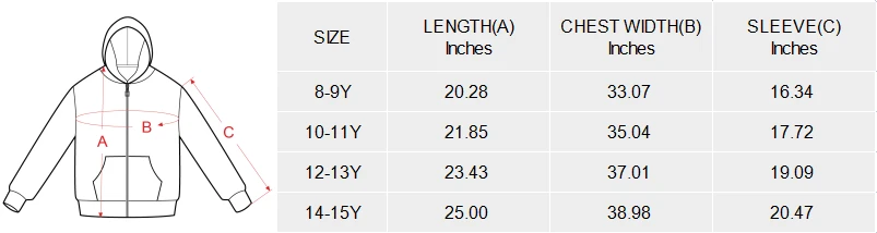 Big Boys' Zip Up Hoodie (Model H58) size chart