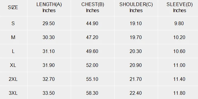 Men's Short Sleeve Button-Down Shirt size chart