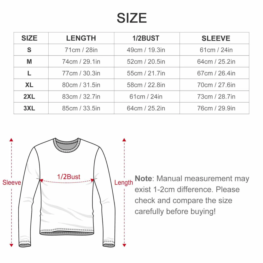 Men's Long-Sleeved T-Shirt (Front Printing) size chart