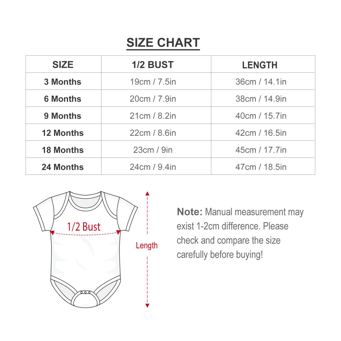 Short -Sleeve Baby's Bodysuit size chart