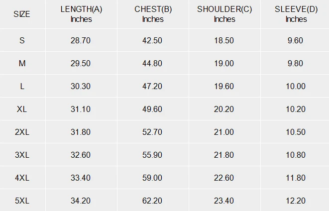 Men's Half-Placket Button Short Sleeve Shirt size chart