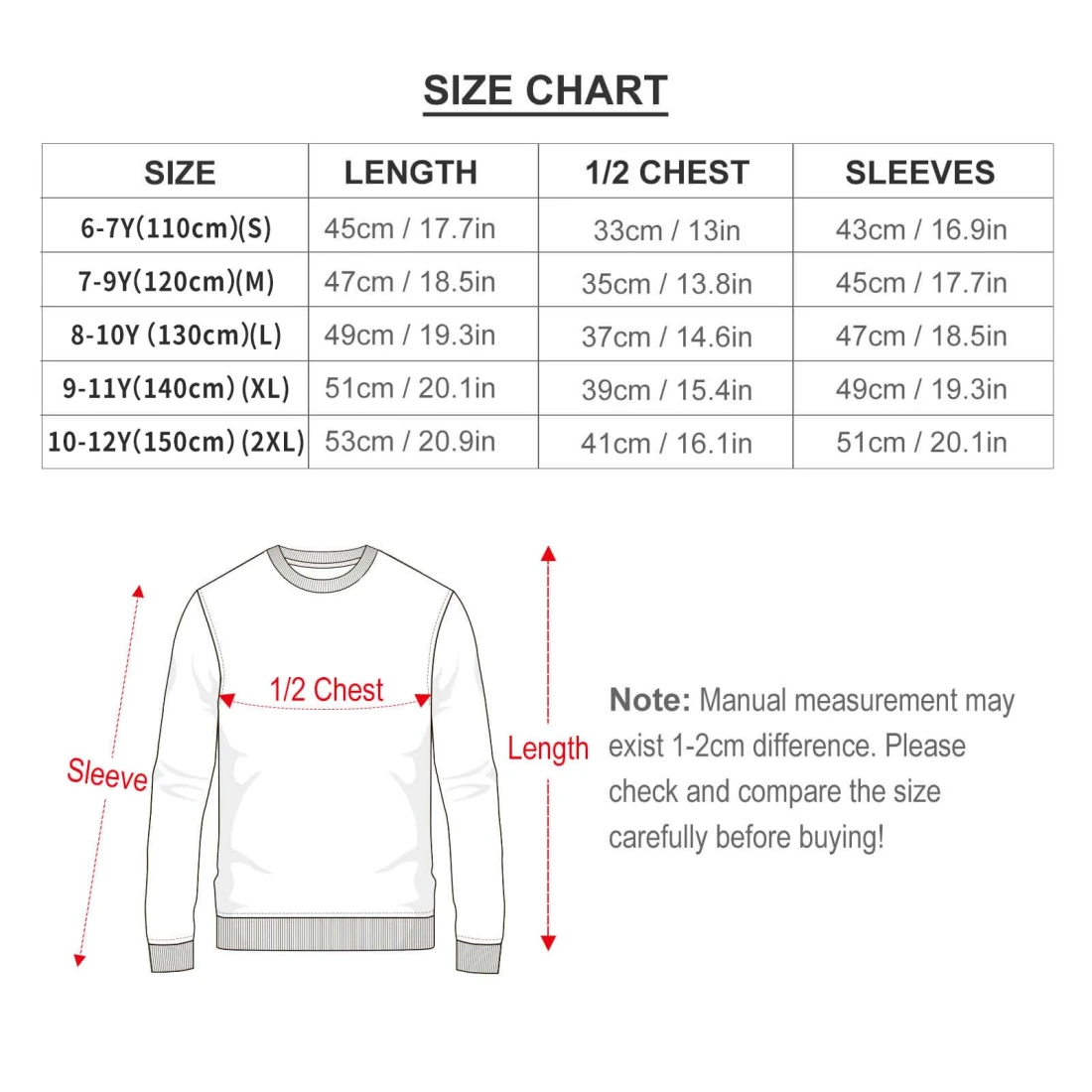Custom Kid's Pullover Sweatshirt size chart