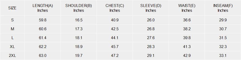 Men's Hooded Jumpsuit size chart