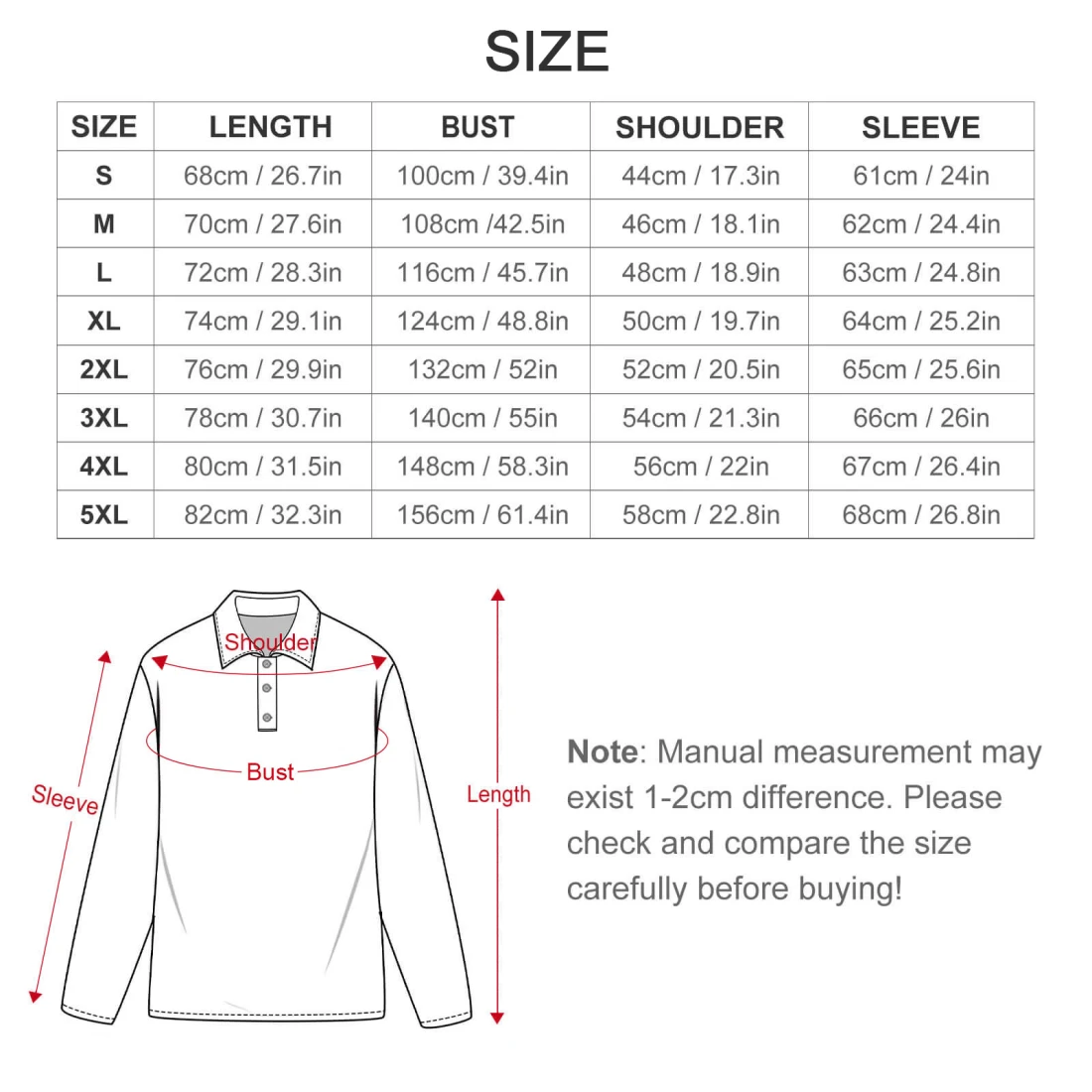 Men's Long Sleeve Polo Shirt size chart