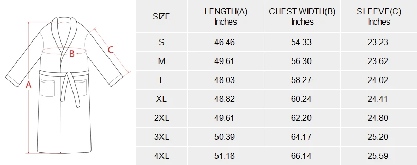 Men's Belted Sleep Robe (Model Sets 30) size chart