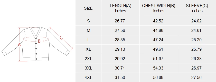 Custom Men's Cardigan (Model H73) size chart