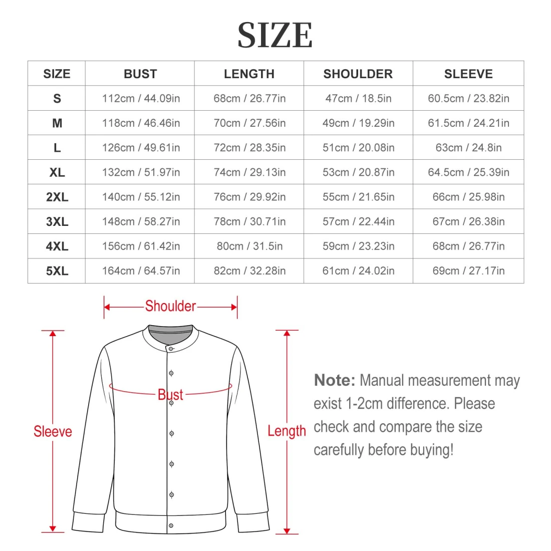 Men's Button Front Cardigan size chart