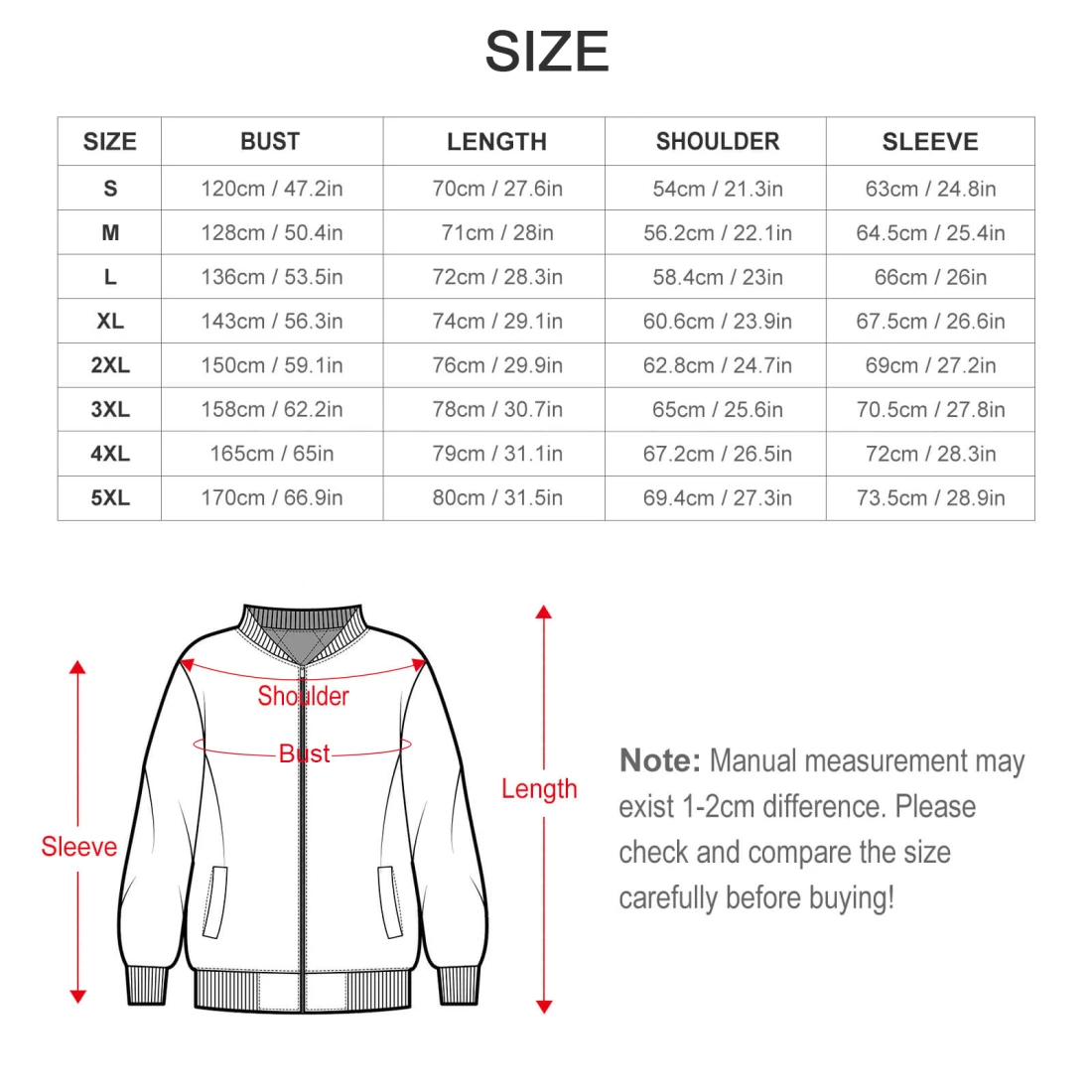 Men's All Over Print Jacket size chart