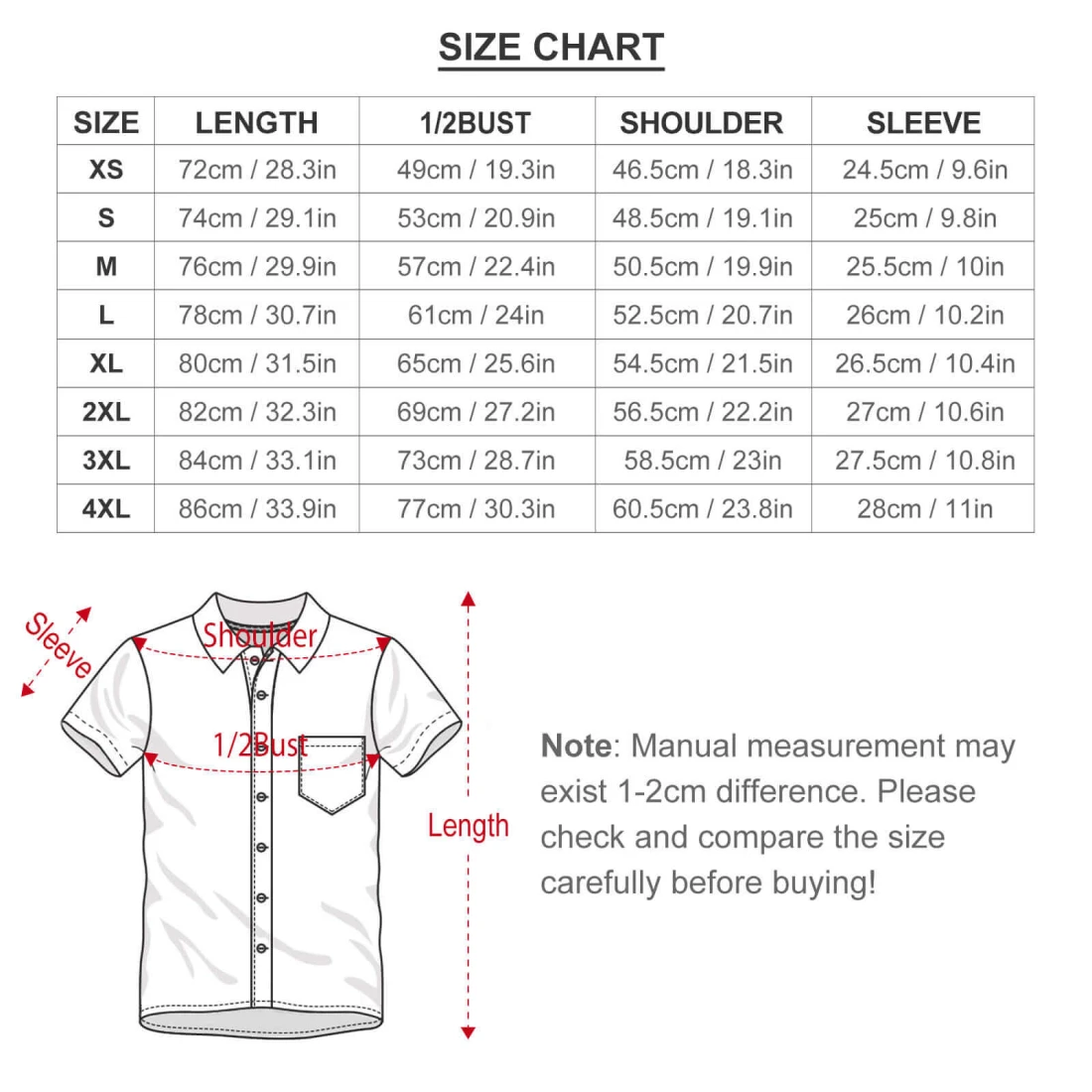 Mock Linen Short Sleeve Shirt B339 size chart